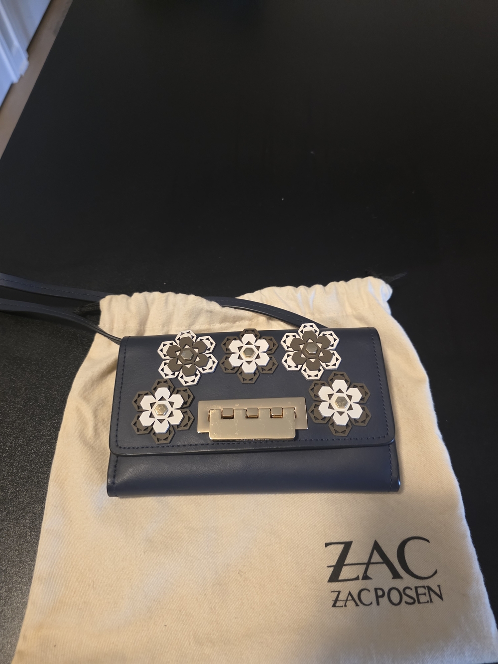 Zac Posen Navy Floral Appliqué Wristlet with Gold Hardware